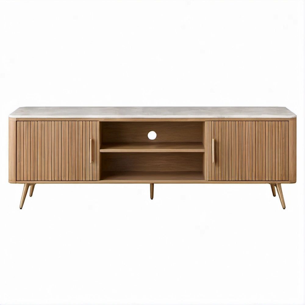 Rechteckiges Lowboard aus Eichenfurnier und Sinterstein, Naturbraun/Hellgrau, 160 x 40 x 55 cm