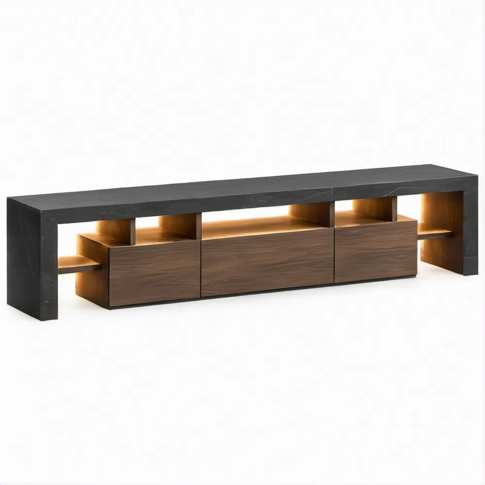 TV-Lowboard mit LED-Beleuchtung, Schwarz/Nussbraun, 220 x 40 x 55 cm