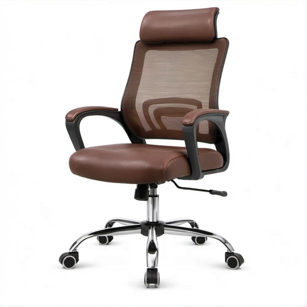 Ergonomischer Bürostuhl mit Kopfstütze, Netzrücken und Kunstleder, Braun/Schwarz/Silber, 64 x 64 x 118–128 cm