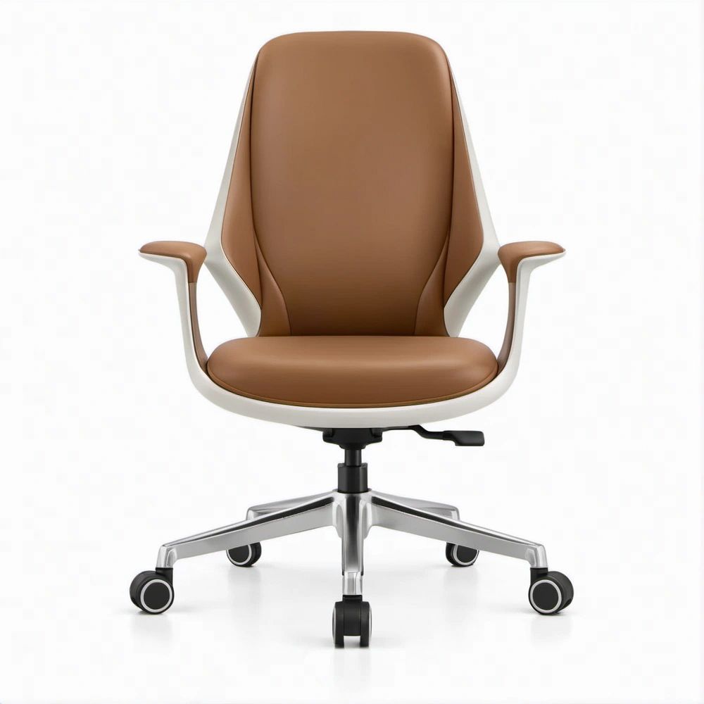 Ergonomischer Bürodrehstuhl mit hoher Rückenlehne und Armlehnen, Braun/Weiss/Silberfarben/Schwarz, 65 x 65 x 112–122 cm