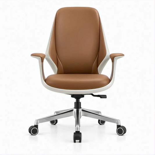 Ergonomischer Bürodrehstuhl mit hoher Rückenlehne und Armlehnen, Braun/Weiss/Silberfarben/Schwarz, 65 x 65 x 112–122 cm