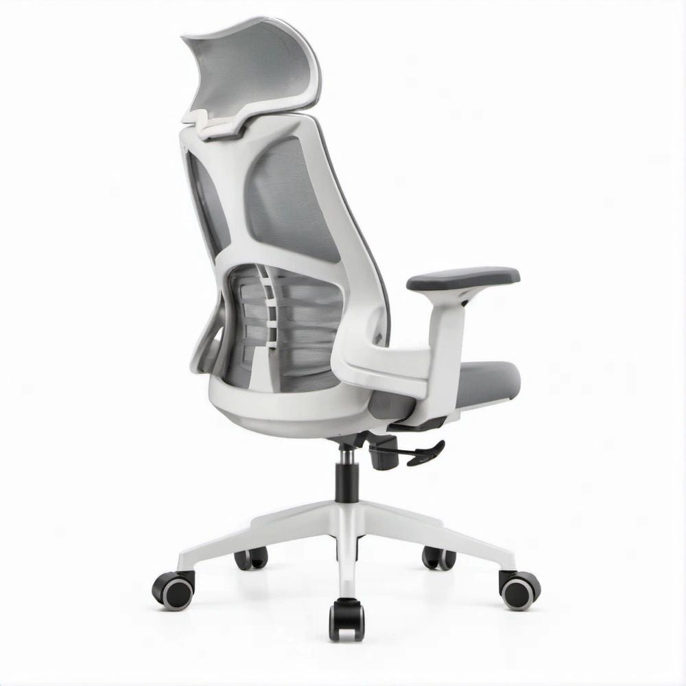 Ergonomischer Bürodrehstuhl Weiss/Grau/Schwarz mit hoher Rückenlehne und Kopfstütze, 66 x 66 x 118–128 cm