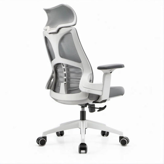 Ergonomischer Bürodrehstuhl Weiss/Grau/Schwarz mit hoher Rückenlehne und Kopfstütze, 66 x 66 x 118–128 cm