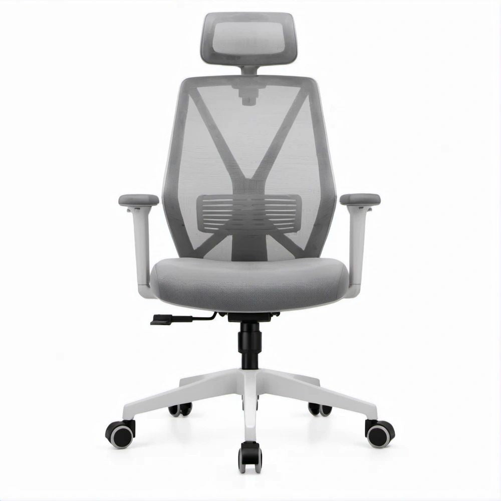 Ergonomischer Bürostuhl mit Netzrückenlehne, Kopfstütze und Armlehnen, Grau/Weiss/Schwarz, 66 x 66 x 117–127 cm