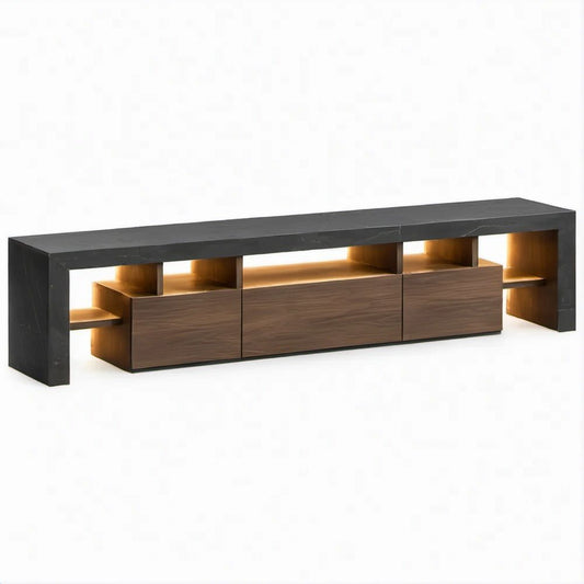 TV-Lowboard mit LED-Beleuchtung, Schwarz/Nussbraun, 220 x 40 x 55 cm