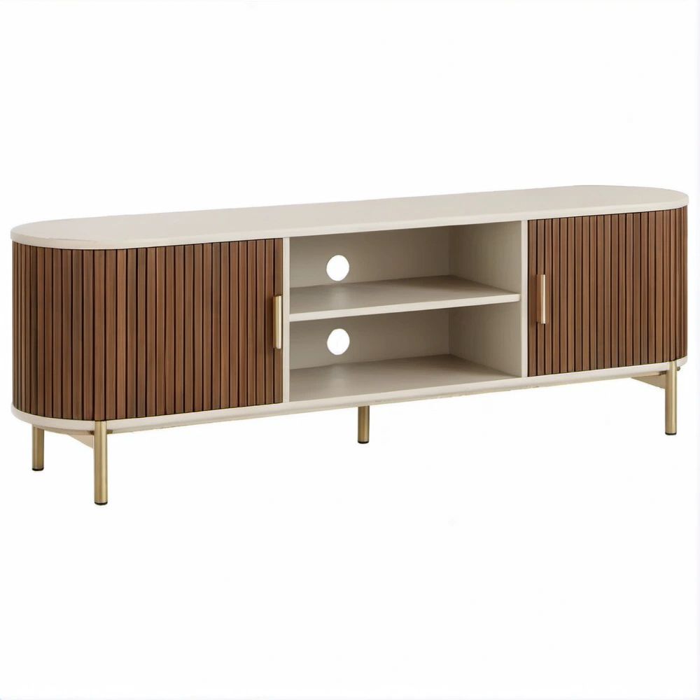 Ovales TV-Lowboard in Beige, Walnussbraun und Gold, 180 x 40 x 65 cm, mit 2 Türen und Kabeldurchführungen